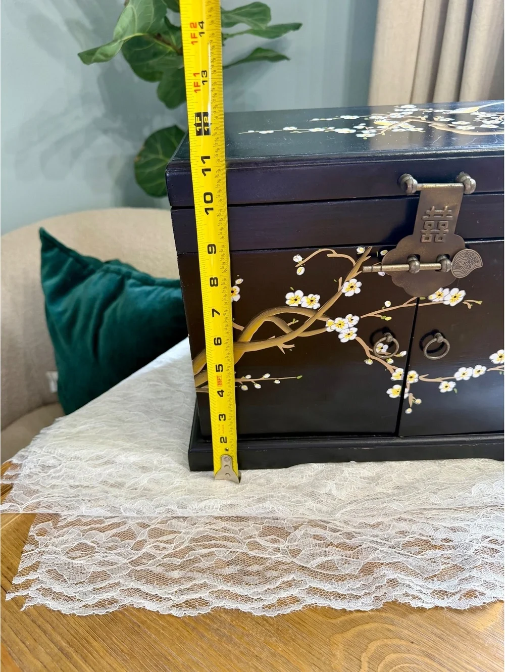 Vintage Chinese Lacquer Jewelry Box Hand Painted Birds Red Brocade